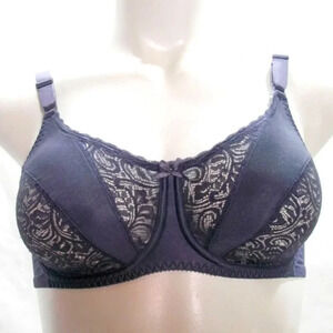 36D Hanes Her Way G274 Satin & Semi Sheer Lace Divided Cup Underwire Bra Gray  E
